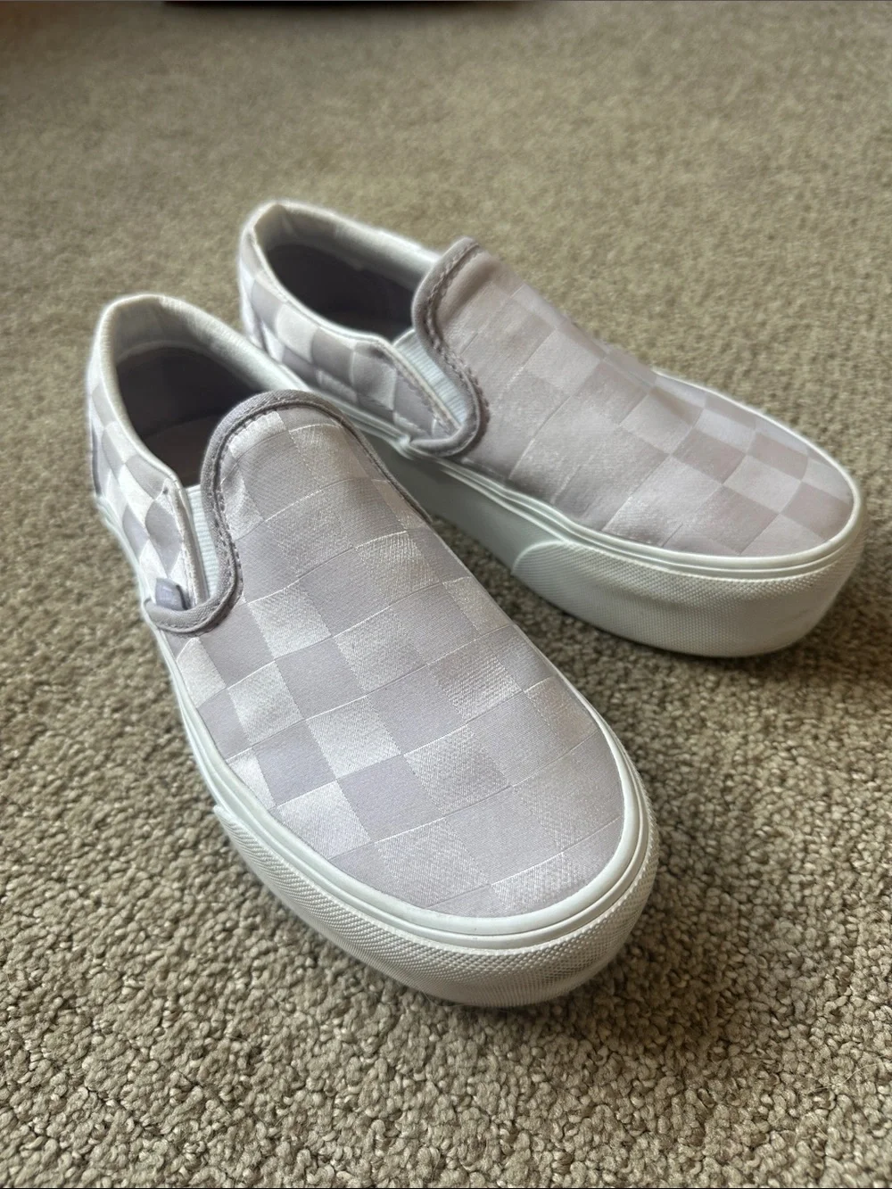 Van’s classic slip on stackform sneakers in pastel satin lilac Checkerboard
